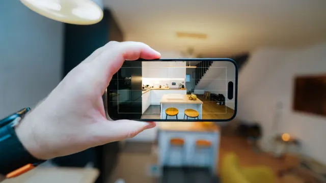A smartphone in focus capturing a modern kitchen interior, showcasing real estate potential.
