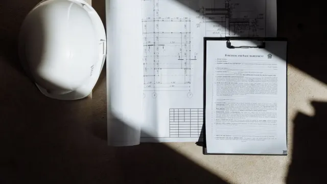 Top view of construction documents and hard hat in sunlight, capturing planning essence.